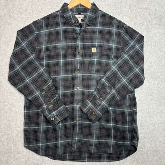 Carhartt Long Sleeve Button-Down Flannel Plaid Shirt-Gray/Blue-Men Large - Picture 2 of 5